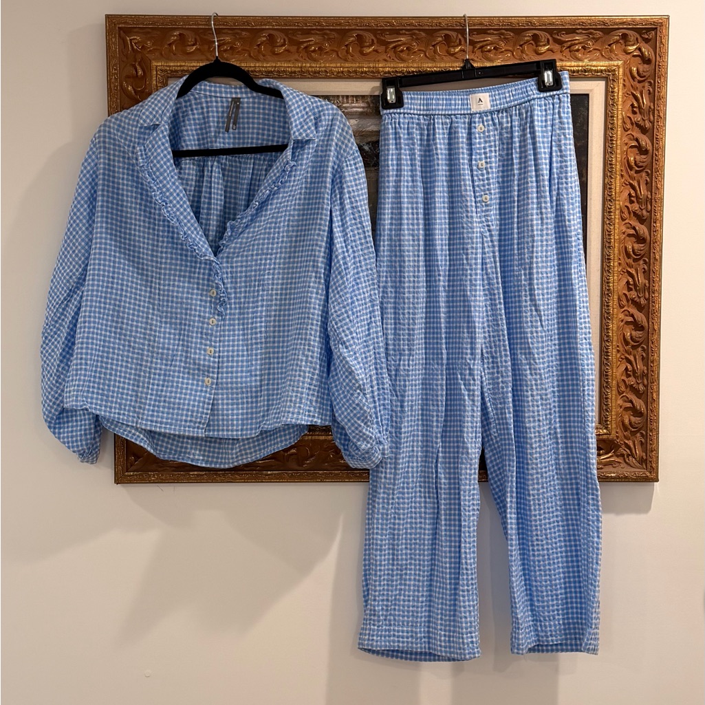 Anthropologie Blue Gingham Pajama Set
